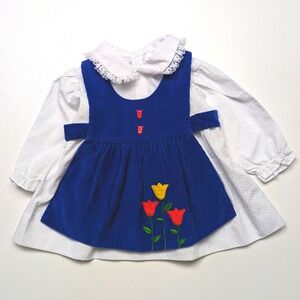 Vintage Dress Baby Girls Size 12m Blue Corduroy Pinafore Tulip